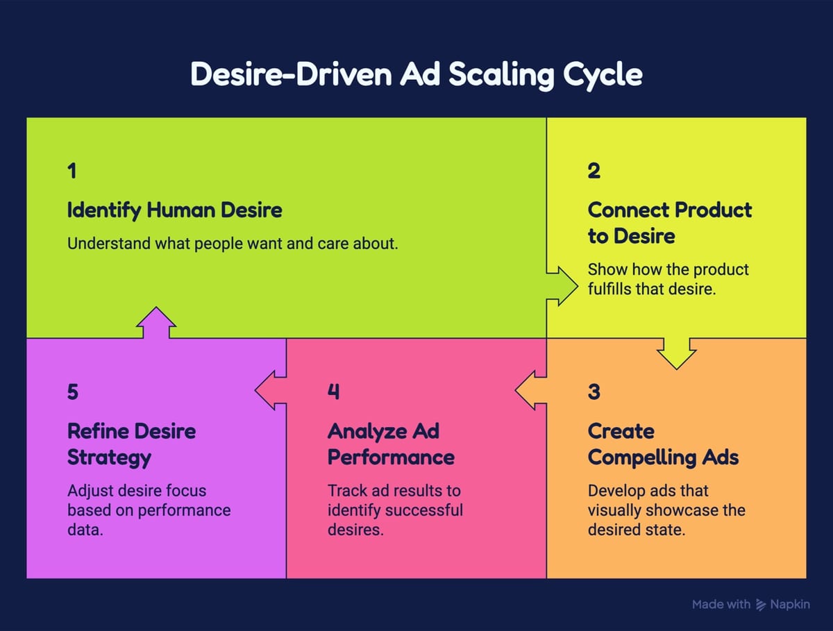 The desire-driven ad scaling cycle: identify desire → connect product → create ads → analyze → refine.
