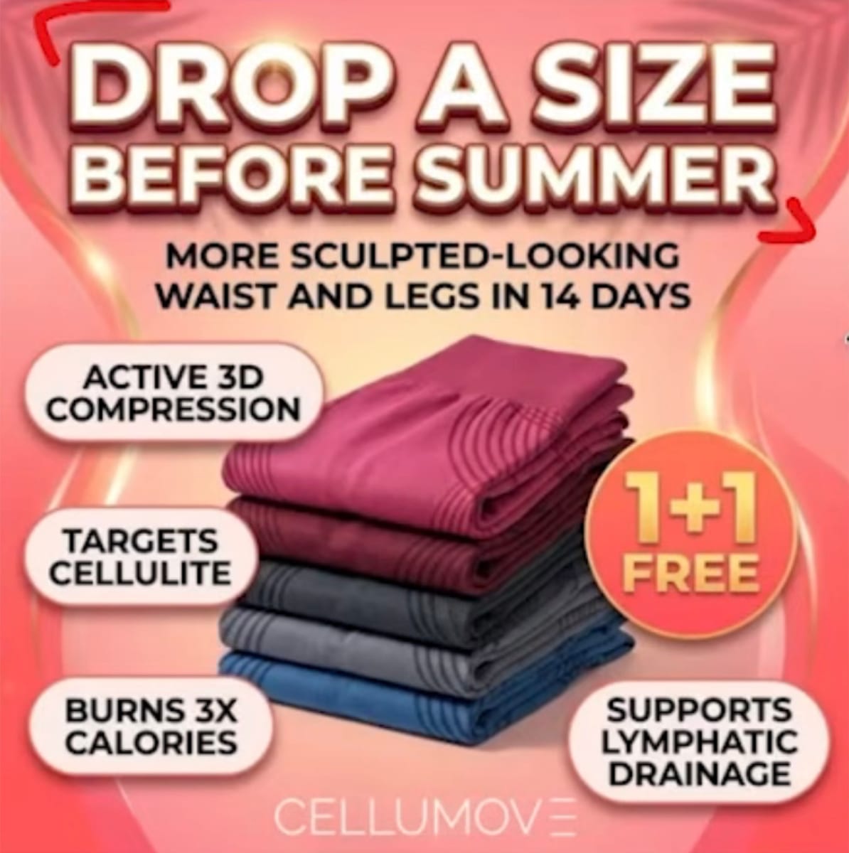 A real Facebook ad that leads with the desired state — “DROP A SIZE BEFORE SUMMER, more sculpted waist and legs in 14 days” — before ever mentioning the product.
