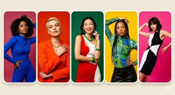 AI poster ad: 5 panel colorful portrait collage, fashion models, m