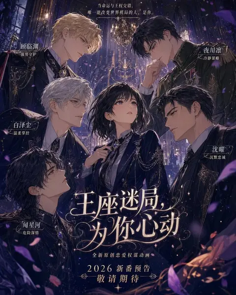 请创作一张【主题为：】的 乙女恋爱游戏主视觉海报]风格的二次元宣传图。

整体设定为：多位具有强烈权力感