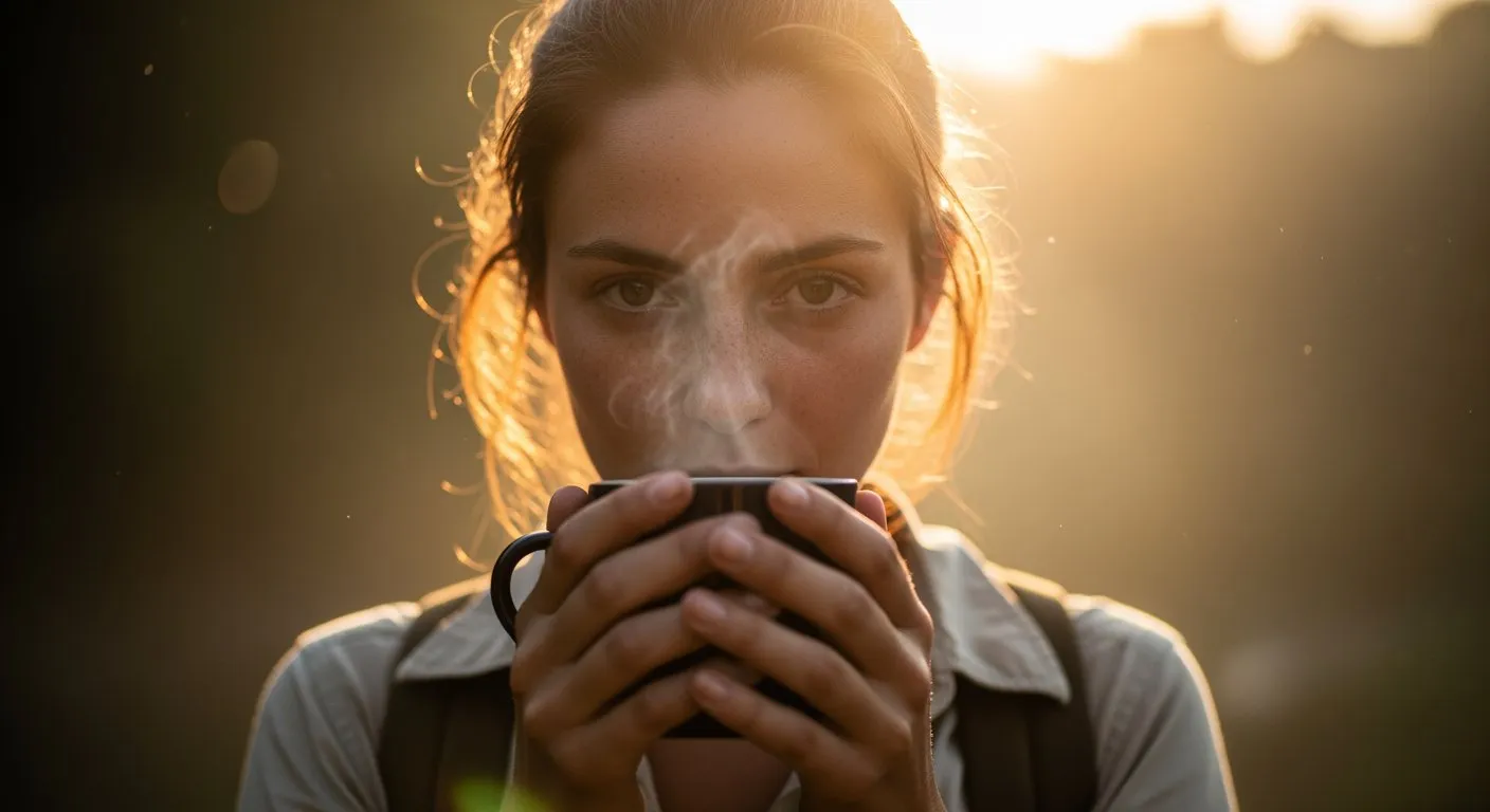 Cinematic Jungle Sunrise Adventurer With Coffee
