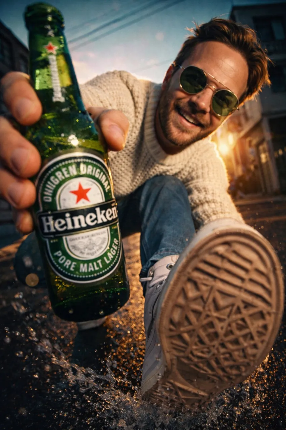 Wide-Angle Street Beverage Advertisement with Male M