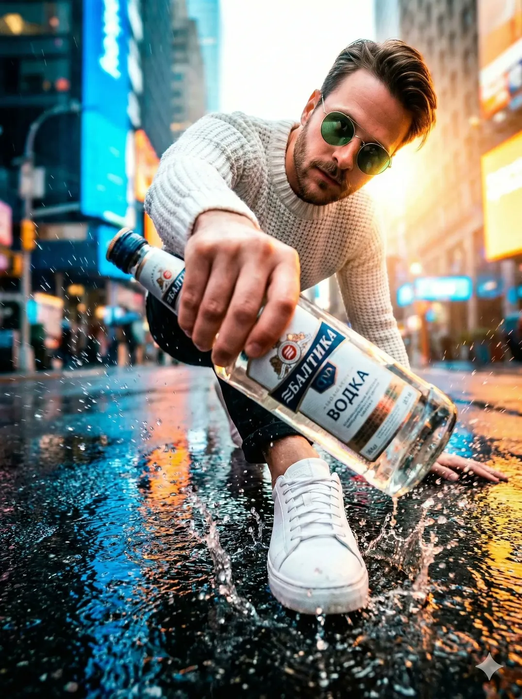 Commercial Street Ad Photo With Model Holding Bottle