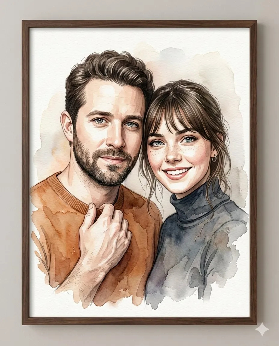 Framed Watercolor Portrait of a Couple From Referenc