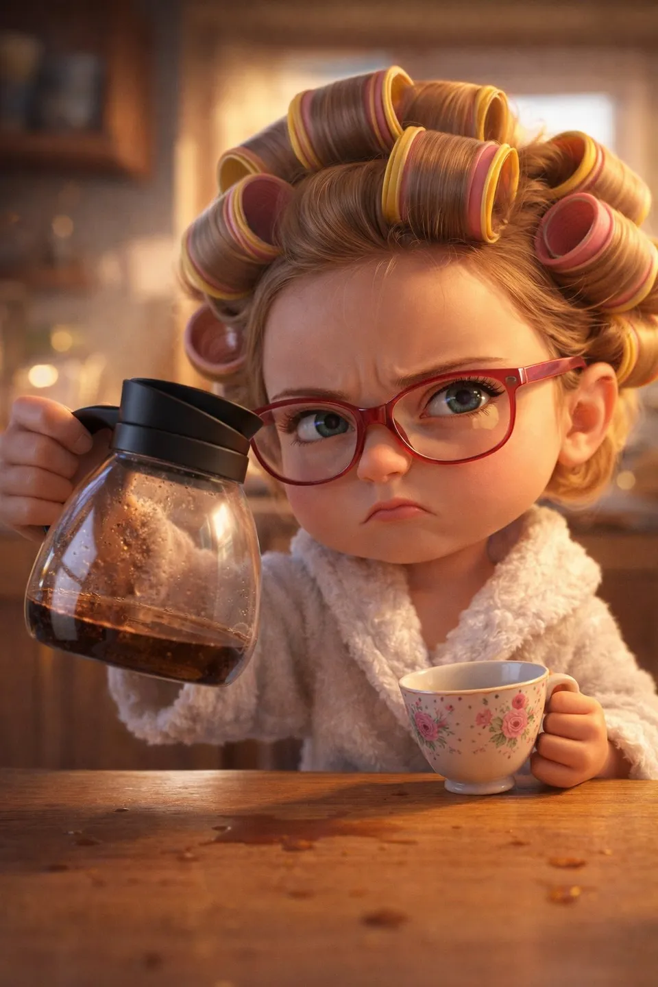 3D Chibi Girl Holding an Empty Coffee Jar in a Kitch