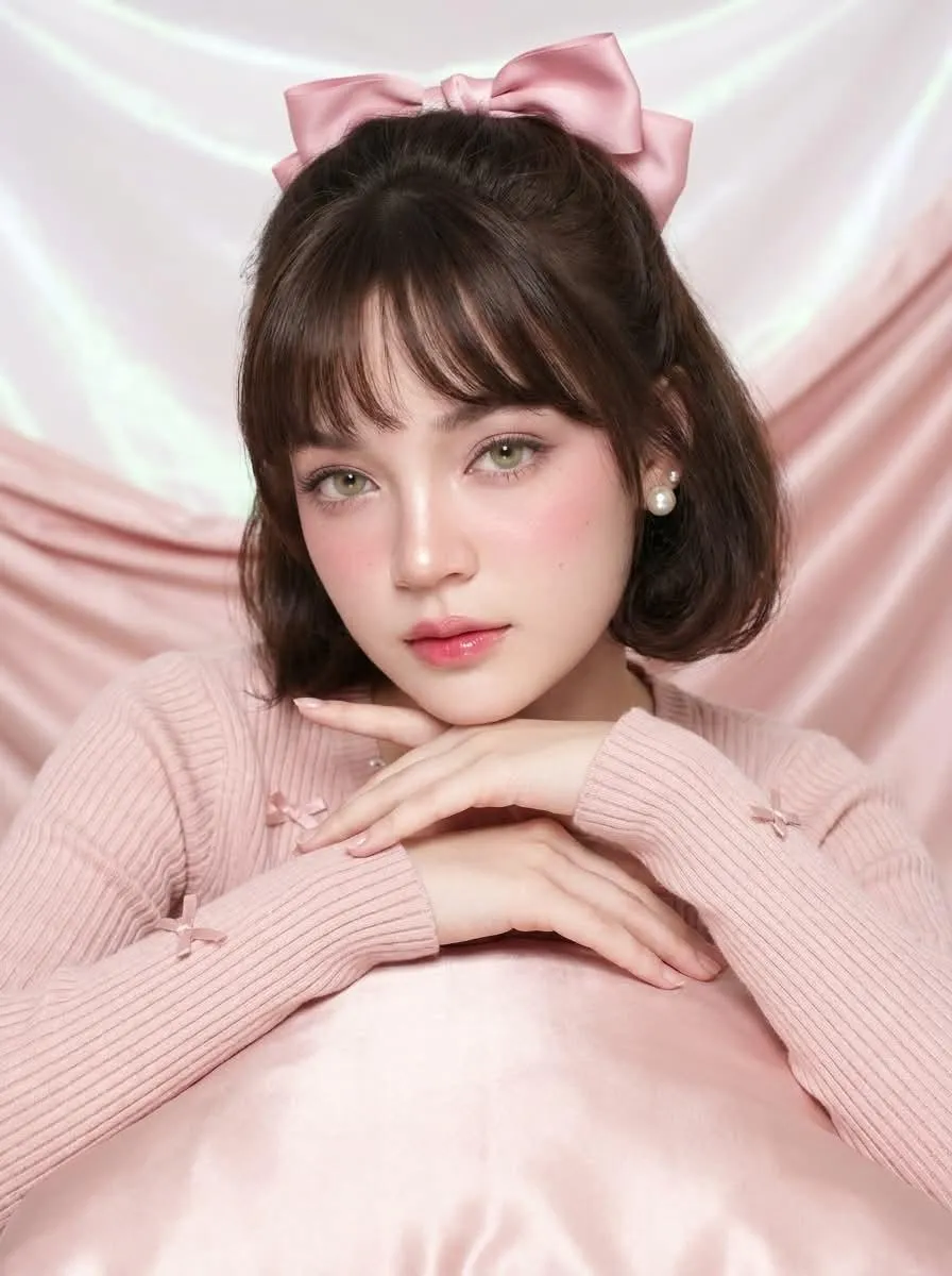 Pastel Beauty Portrait in Blush Satin Studio