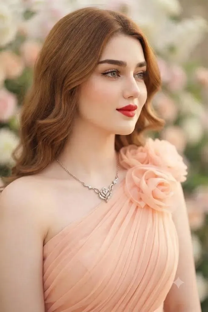 Photorealistic Portrait in Peach Chiffon Evening Gow