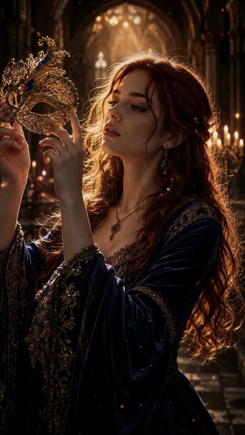 Mystical Woman Lifting a Jeweled Venetian Mask