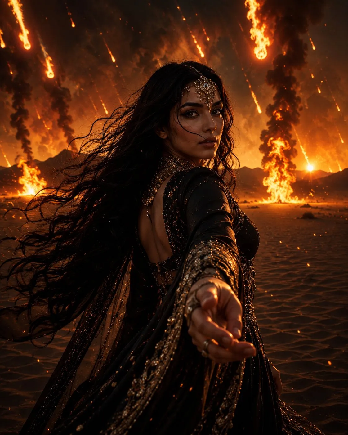 Dark Fantasy Woman Amid Fire Rain in Night Desert