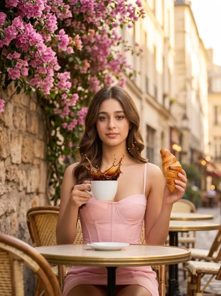 Woman at Paris Café with Coffee Splash and Croissant