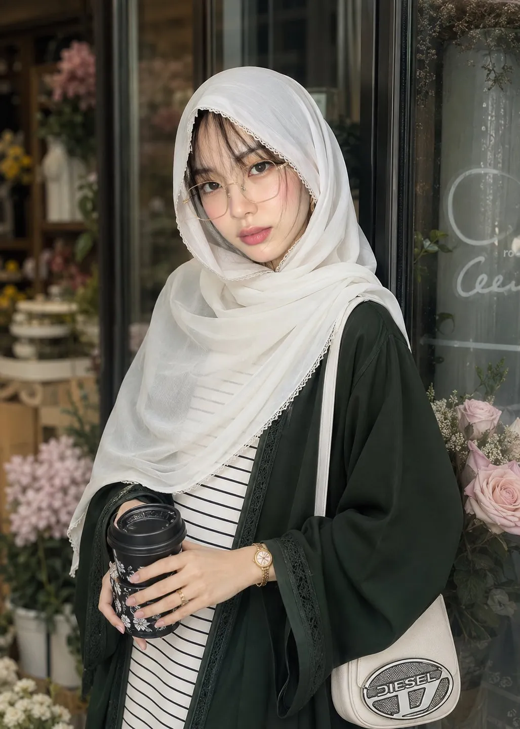 Hijabi Woman Portrait Outside an Aesthetic Flower Sh
