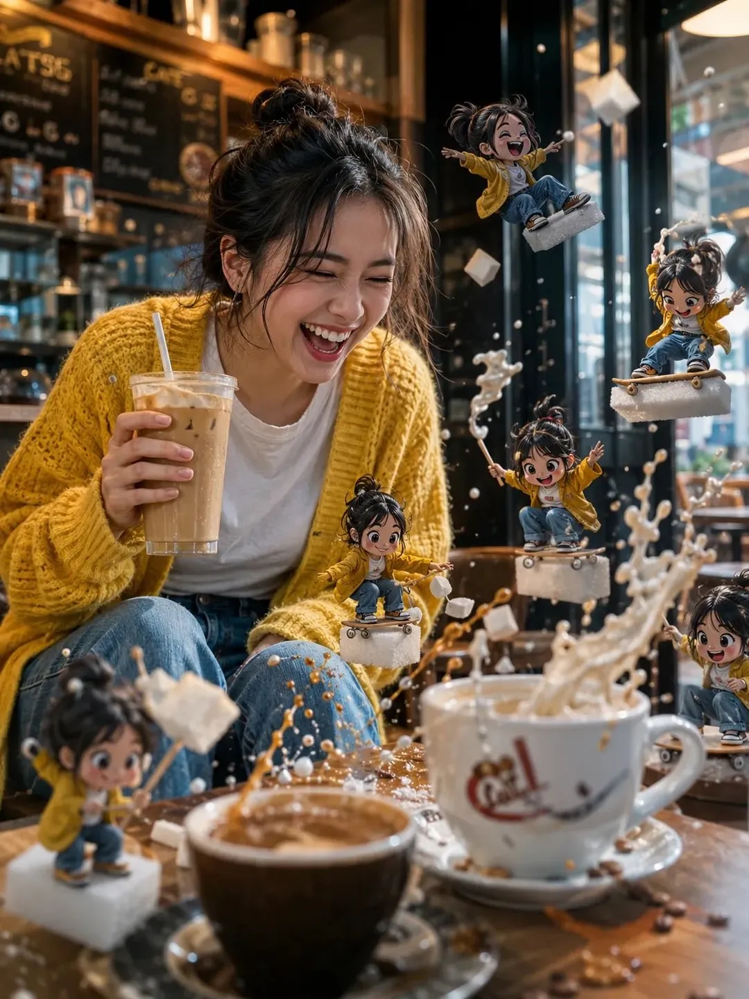 Woman Laughing as Cartoon Twins Cause Coffee Chaos