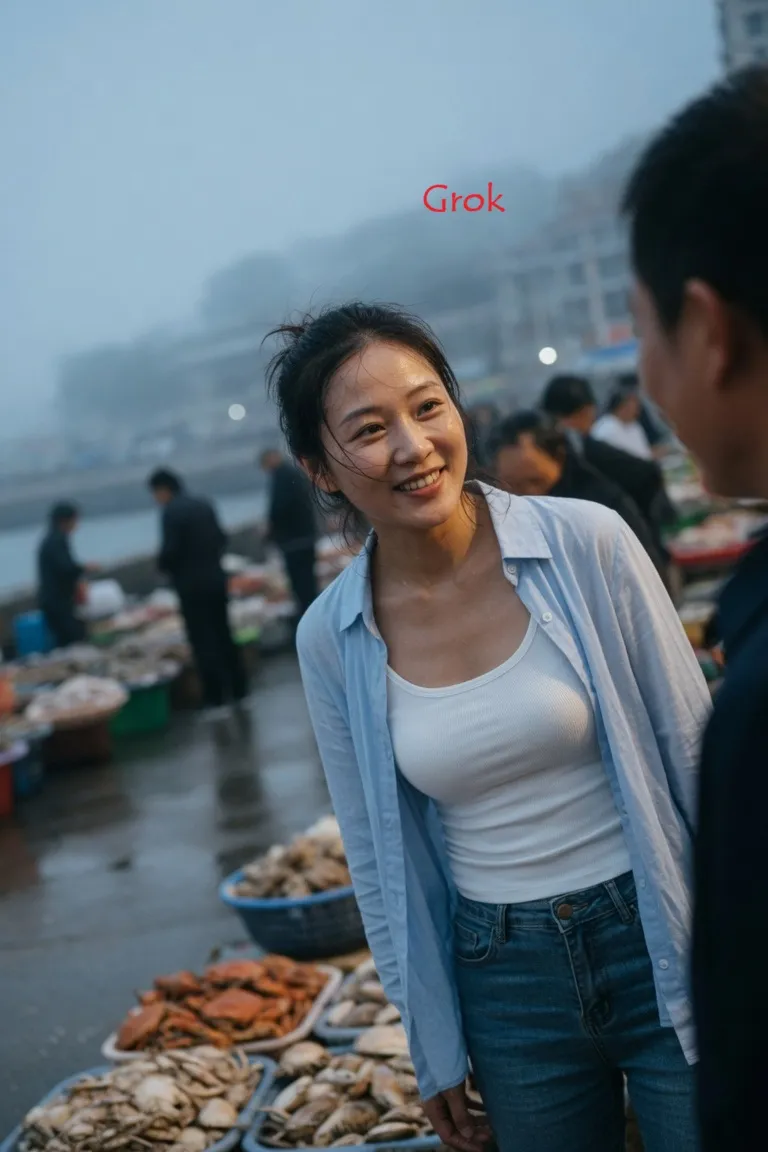 Candid Chinese Woman at Qingdao Seafood Market