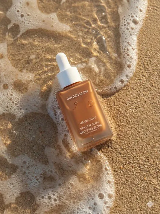 Golden Glow Bronzing Elixir on Wet Beach Sand